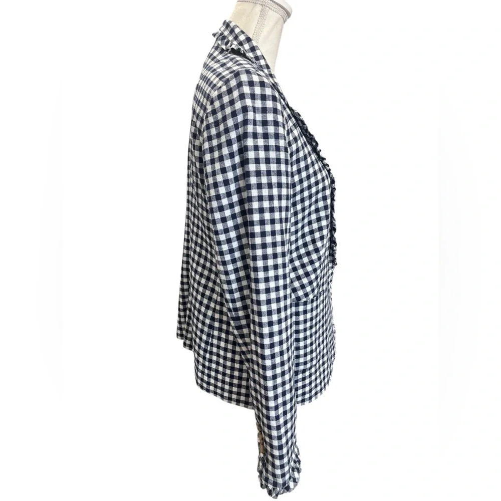Crown & Ivy Navy Gingham Linen Cotton Blazer Ruffle Trim Size 8 - Picture 4 of 11